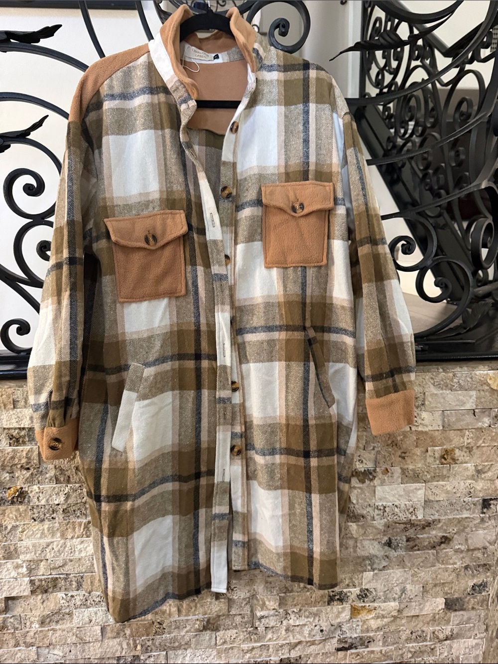 Plaid Utility Shacket with Tan Contrast Pockets